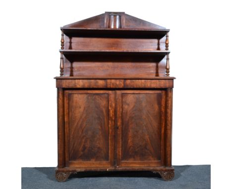 Victorian mahogany chiffonier, architectural back with two shelves, turned supports the base with a rectangular top and a mou