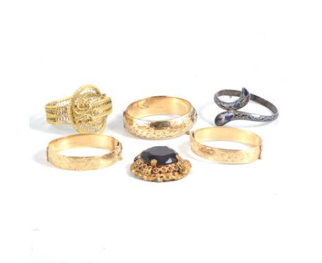 A collection of vintage costume jewellery, paste brooches and clips, hat pins, bangles including one with niello work, a "9ct