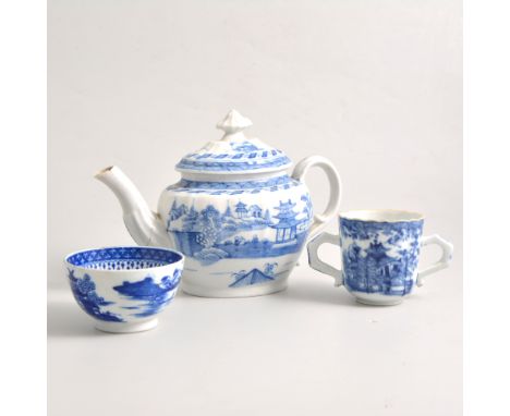 Hybrid hard paste blue and white porcelain teapot, silver shaped, 16cm; and a small collection Chinese porcelain teaware. (10