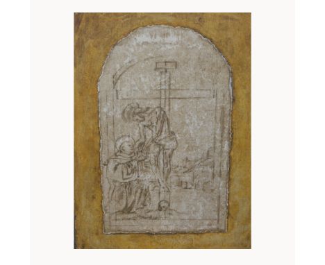 Roy Turlington, 'Crucifixion with Saint Trompe l'oeil', mixed media, 25cm x 29cm; and another, 'Apostle' in a Gothic quadrefo