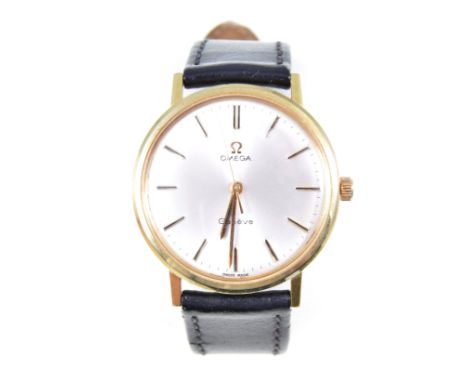 Omega - A gentlemans Omega Geneve wrist watch, the circular white baton dial with sweep seconds hand in a gold-plated case wi