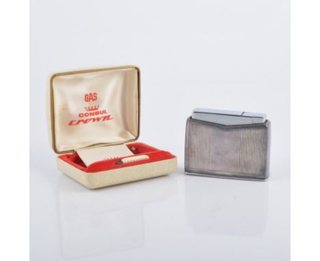 A Consul Crown table lighter, silver case by Georg Jensen in a vertical lined pattern, Model number 366D, with fitted Consul 