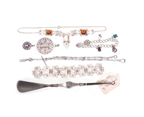 A collection of silver jewellery, filigree work bracelets and necklaces, "I Love You" earrings, gemset half hinged bangles, s