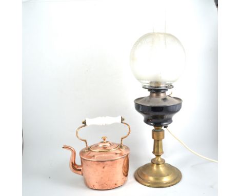 Two copper kettles, pair of carved oak table lamps, an oil lamp etc 