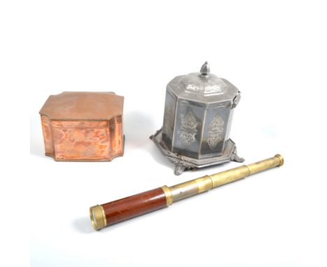 A copper caddy, pair of cased Dolland binoculars, a small four draw Bradford of London telescope 37cm long, brass with wooden