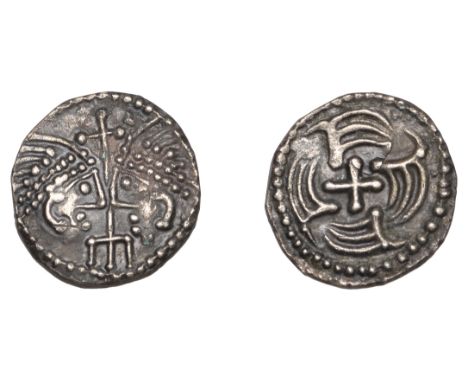 Early Anglo-Saxon Period, Sceatta, Secondary series J, type 37, two heads vis-à-vis, each with triple-banded diadem, cross an