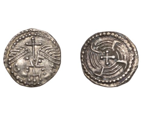 Early Anglo-Saxon Period, Sceatta, Secondary series J, type 37, two heads vis-à-vis, each with double-banded diadem, cross an
