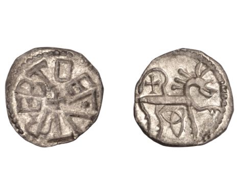 Kings of Northumbria, Eadberht, Sceatta, series Y [York], class E, eotberhtv.γ (retrograde) around cross, rev. lion advancing