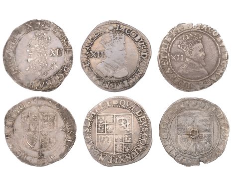 James I, Second coinage, Shilling, mm. rose, third bust, 5.62g/6h (S 2654); Shilling, mm. tun, fifth bust, 5.73g/5h (S 2656);