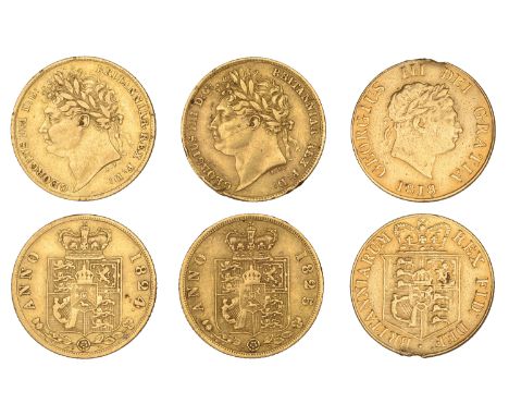 George III, Half-Sovereign, 1818 (S 3786); George IV, Half-Sovereigns (2), 1824, 1825 (S 3803) [3]. Good fine or better, firs