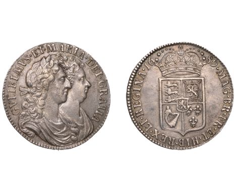 William and Mary (1688-1694), Halfcrown, 1689, first shield, caul only frosted, pearls, edge primo (ESC 831; S 3434). Some li