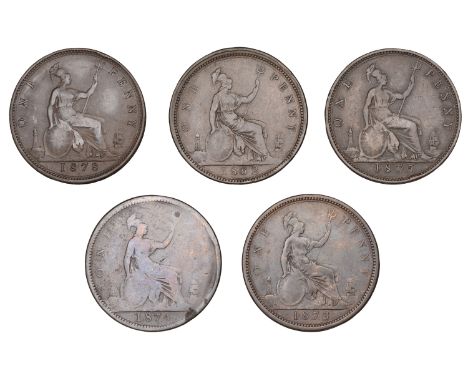 Victoria, Pennies (5), all rev. brockages, 1862, die g, 9.35g; 1873, die g, 9.30g; 1874, die g, large date, 8.77g; 1875, die 