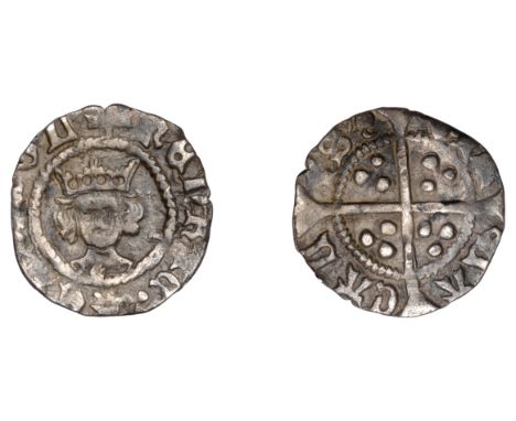 Henry VI (First reign, 1422-1461), Leaf-Trefoil/Pinecone-Mascle mule, Halfpenny, Calais, mm. cross V, leaf on breast, trefoil