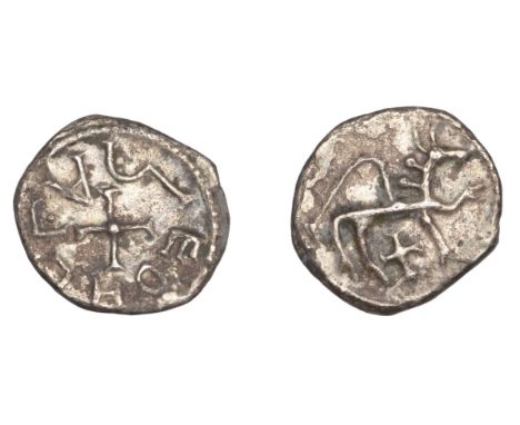 Kings of Northumbria, Alchred (765-74), Sceatta or Penny, aγchged [part retrograde] around small cross, rev. lion or beast ad