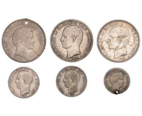 Greece, Otto, 5 Drachmai, 1833a (KM 20); Drachma, 1833 (KM 15); George I, 5 Drachmai (2), 1875a, 1876a (KM 46); 2 Drachmai (2
