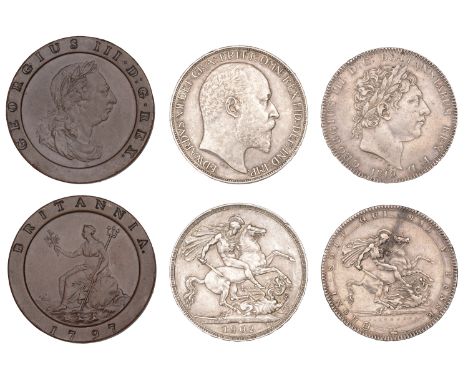George III, Crown, 1819, edge lix (S 3787); Twopence, 1797 (S 3776); Edward VII, Crown, 1902, edge ii (S 3978) [3]. Very fine