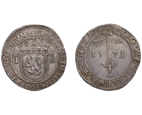 James VI (1567-1625), First coinage, Ryal, 1571, 30.37g/6h (SCBI 35, 1212; B fig. 921; S 5472). Some peripheral weakness and 