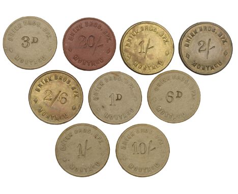 South Africa, CAPE PROVINCE, Montagu, Brink Brothers, fibre 20 Shillings, 10 Shillings, Shilling, Sixpence, Threepence and Pe