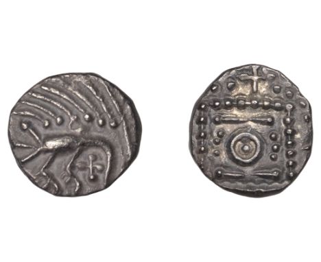 Early Anglo-Saxon Period, Continental series E, Sceatta, variety K, bird-like figure, cross in front, rev. debased standard, 