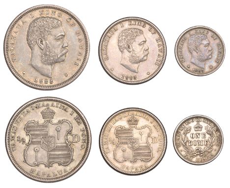United States of America, HAWAII, Kalakaua I, Half-Dollar, Quarter-Dollar, and Dime, all 1883 [3]. First with light scratches