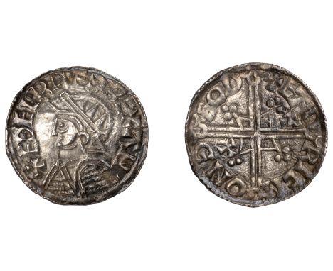 Æthelred II (978-1016), Penny, Helmet type, Thetford, Eadric, eadric mon deod, additional crosses on reverse in second and th