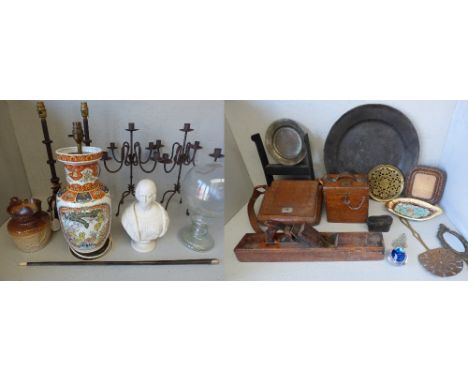 Qty of various collectables, pewter charger 50cm & horn walking stick etc. PLEASE always check condition PRIOR to bidding or 