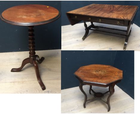 Inlaid rosewood octagonal shaped centre table, C19th style mahogany sofa table & mahogany tripod table with turned column sup