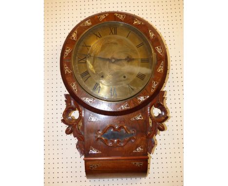 Victorian rosewood, mother of pearl inlaid, wall clock with brass dial engraved to the centre with three winged maidens to an
