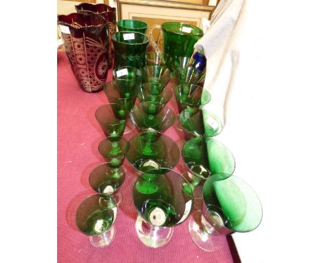 Pair of green glass vases, pair of Bohemian style ruby glass vases, Venetian green glass jug & a qty of similar drinking glas