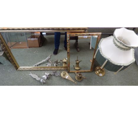 NO METAL BIRDS IN THIS LOT2 modern wall mirrors & brass table lamp, various metal wares   