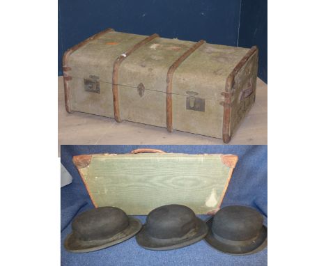 3 vintage  Bowler hats, 2 vintage suitcases, Vintage trunk marked E.A.J   PLEASE always check condition PRIOR to bidding or e