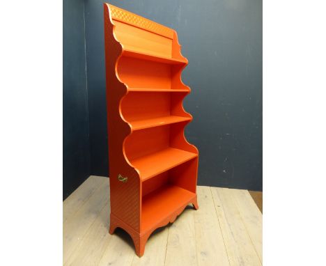 Decorative painted large waterfall bookcase on bracket feet & brass carrying handles 193H x 86W cm PLEASE always check condit