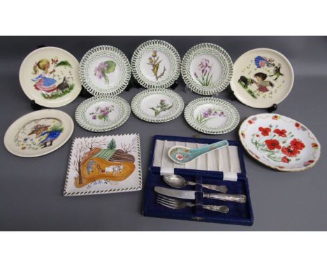 6 Aix-Les-Bains ribbon plates possibly hand painted, Brixham pottery plates, Chinese spoon, silver plate single cutlery set, 