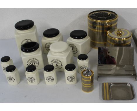Selection of ceramic kitchen items, and metal ice bucket, biscuit barrel etc.