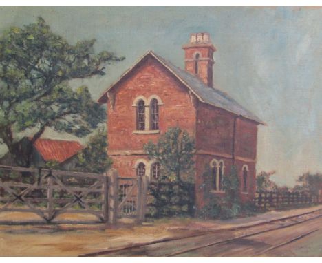 Framed C R Morton 1919 oil on canvas of a station house, label to rear for James Baildom The Mart Eastgate Louth - approx. 62