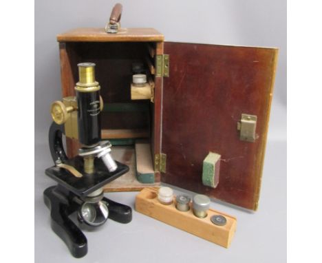 Flatters &amp; Garnett Ltd 1351 Precision microscope with additional lenses and wooden case (missing key)