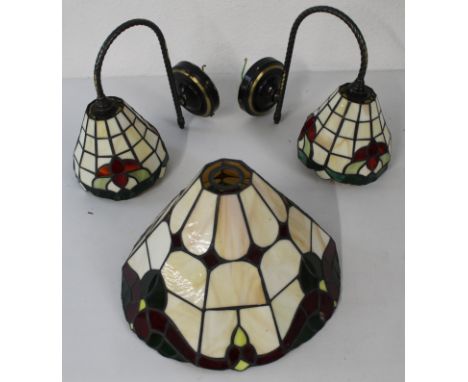 Pair of Tiffany style lead glazed wall lights 25cm and a matching table lamp shade 30cm diam. Untested