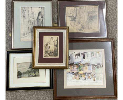 2 pencil sketches, a watercolour, an etching &amp; a engraving