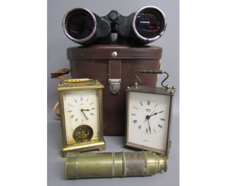 Carl Zeiss Jena Jenoptem 10 x 50 binoculars, brass telescope with leather, Schatz 8 day and Smiths timecal clocks