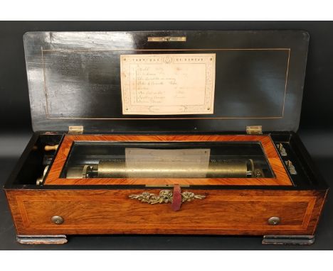 19th century Swiss rosewood &amp; ebonised inlaid cylinder musical box, plays 8 airs, with retailers label for Metzler &amp; 