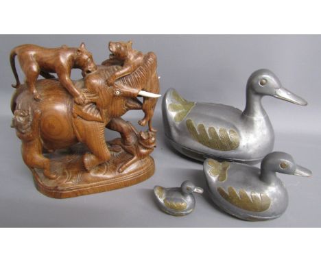 Wooden carved elephant fighting 4 tigers a 3 graduated pewter duck trinket pots made in Hong Kong
