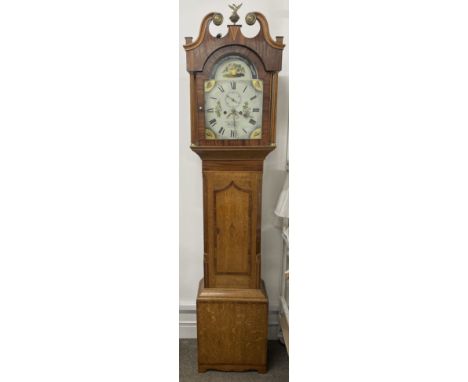Mid Victorian mix wood longcase clock by John Pearson of Louth with painted dial &amp; 8 day movement Ht 209cm W 46cm D 23cm