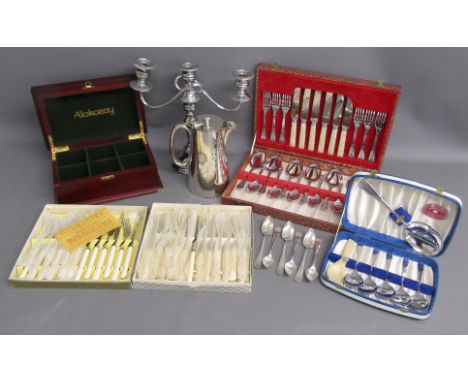 Collection of silver plate includes candelabra engraved 'Presented to WOII J.Ashton from A Coy, 1st Bn Yorks Vols', hot water