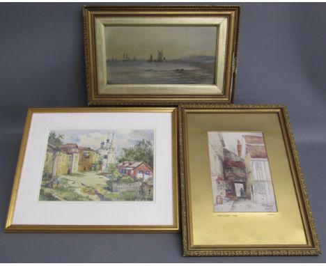 3 framed pictures - oil on board of boats in water 40.5cm x 26cm - watercolour signed lower right 38.5cm&nbsp; x 31.5cm &amp;