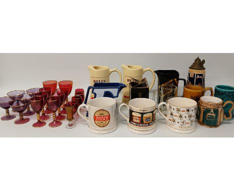 Selection of breweriana including water jugs, Wade mugs, Shipstones brewery pin, Johnnie Walker cufflinks, Guinness glass and