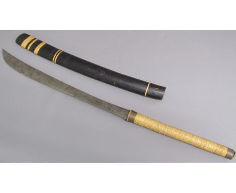 Plaited string handled sword with curved blade and wooden scabbard (split) - approx. 80cm&nbsp;