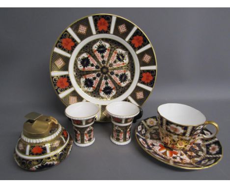 Royal Crown Derby Imari Pattern 1128 plate 21.5cm, table lighter and 2 spill vases also Royal Crown Derby teacup and saucer 2