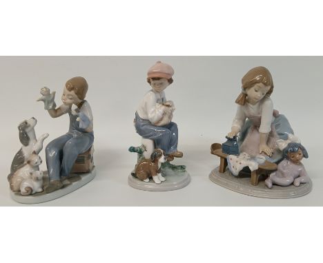 Lladro figurine "My Chores" 5782 &amp; "My Best Friend" 5401 (both with boxes) and boy playing with hand puppets 5736 (damage
