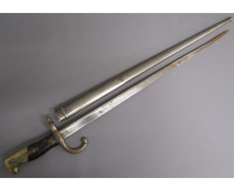 Brass and wood handled bayonet with J guard marked 4237 - writing to blade - and metal scabbard marked 19845 - approx. 64cm&n