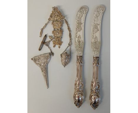 Continental white metal chatelaine with later additions including Victorian silver scissors holder &amp; thimble holder and t